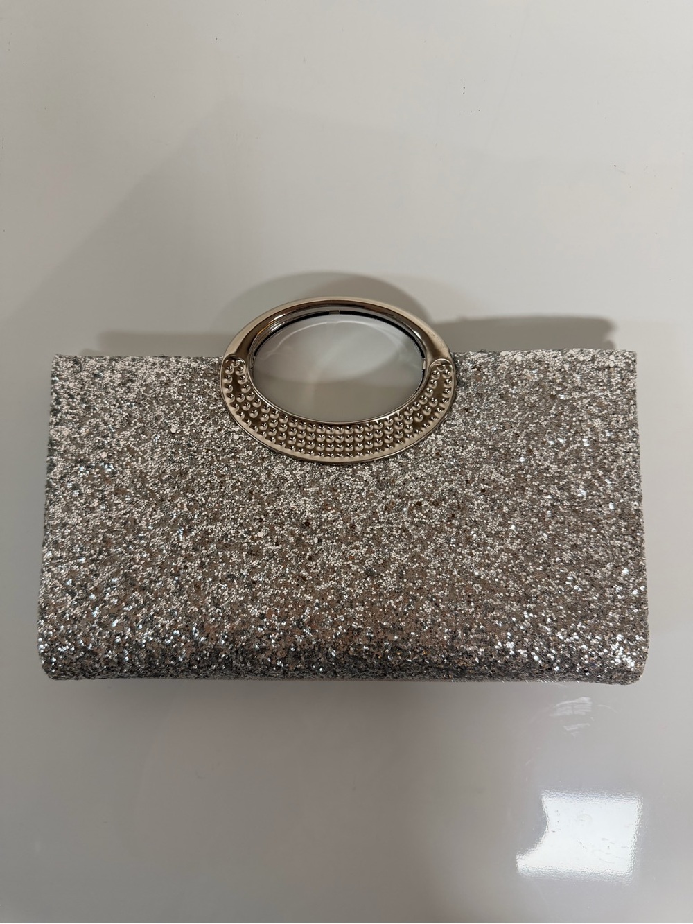 Silver Glitter Handheld Clutch with Decorative Metal Handle